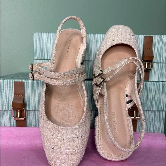 Tahari Cream Textured Flats with Buckle - Picture 2 of 10